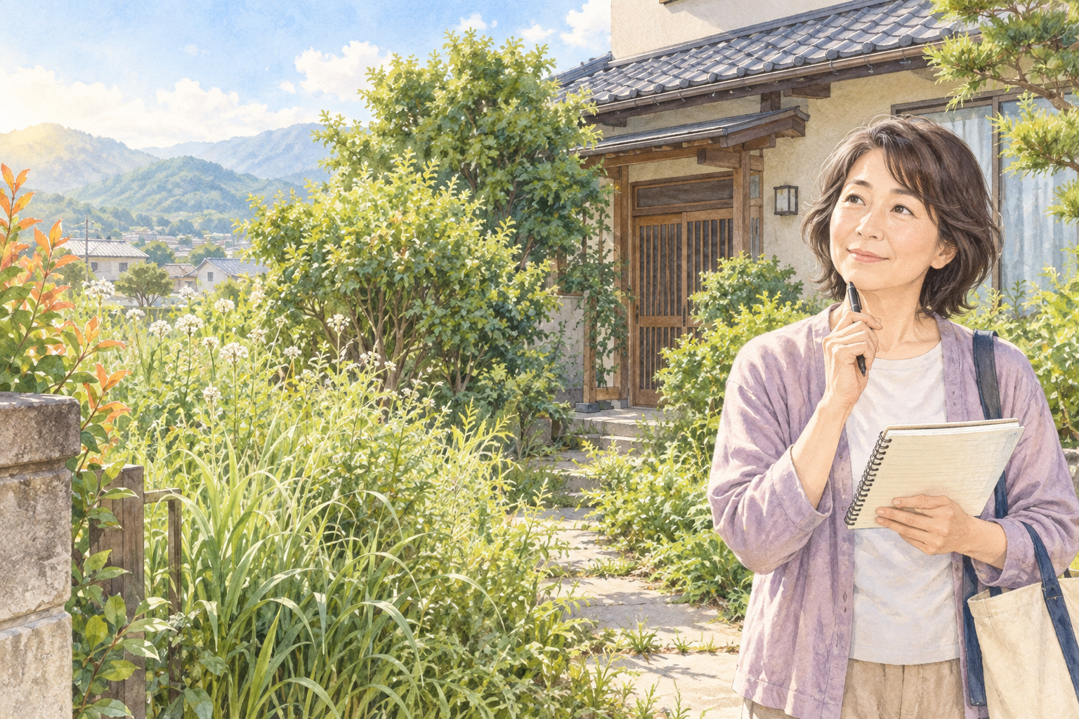 実家の庭を確認する女性