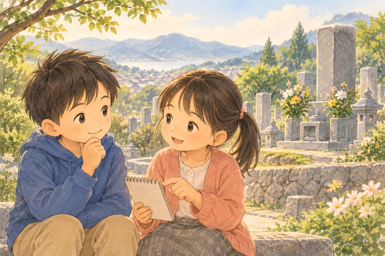 お墓のことをノートで話し合う二人の子どものイラスト